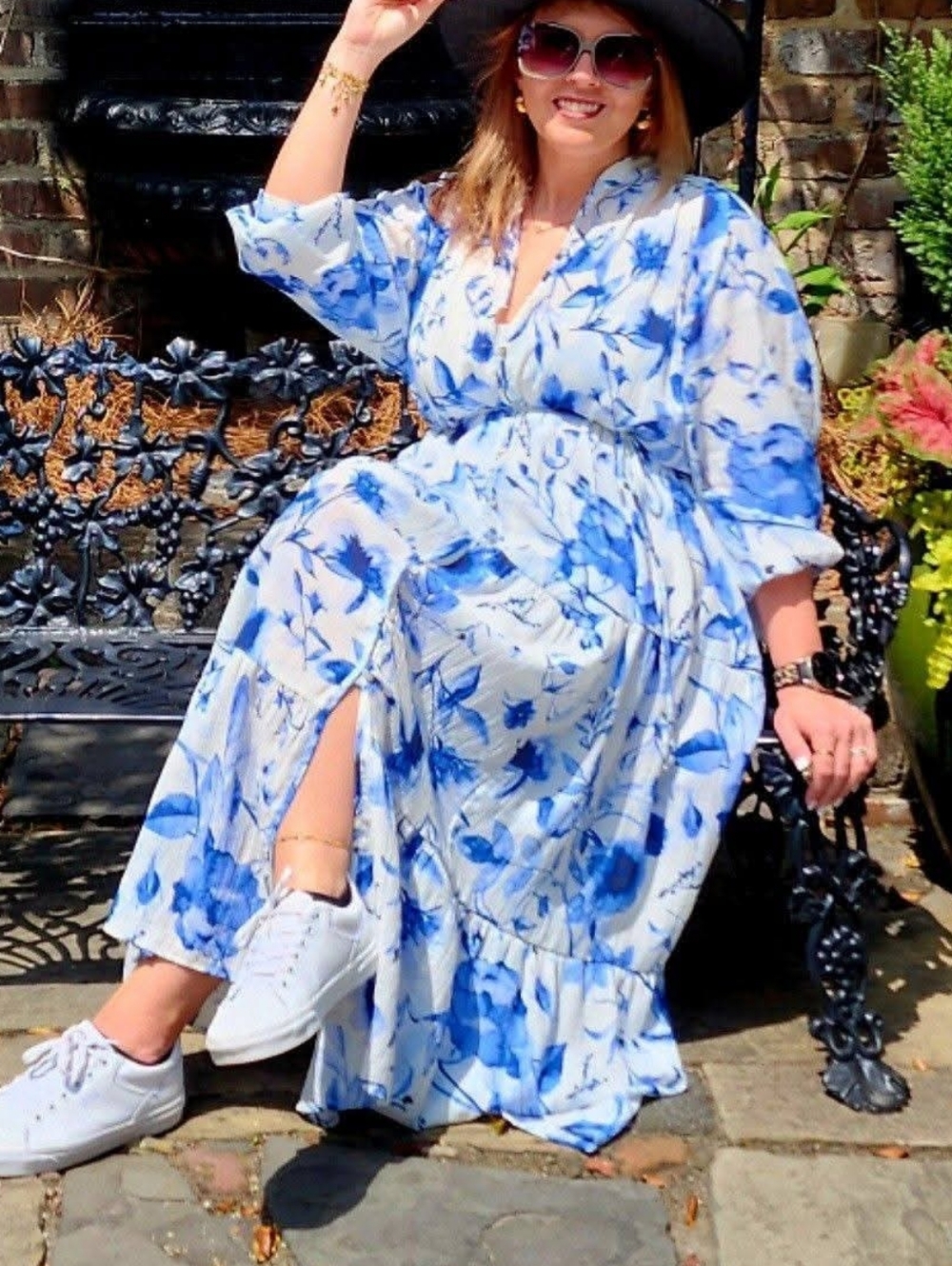 H&M White Maxi Dress with Blue Floral Print